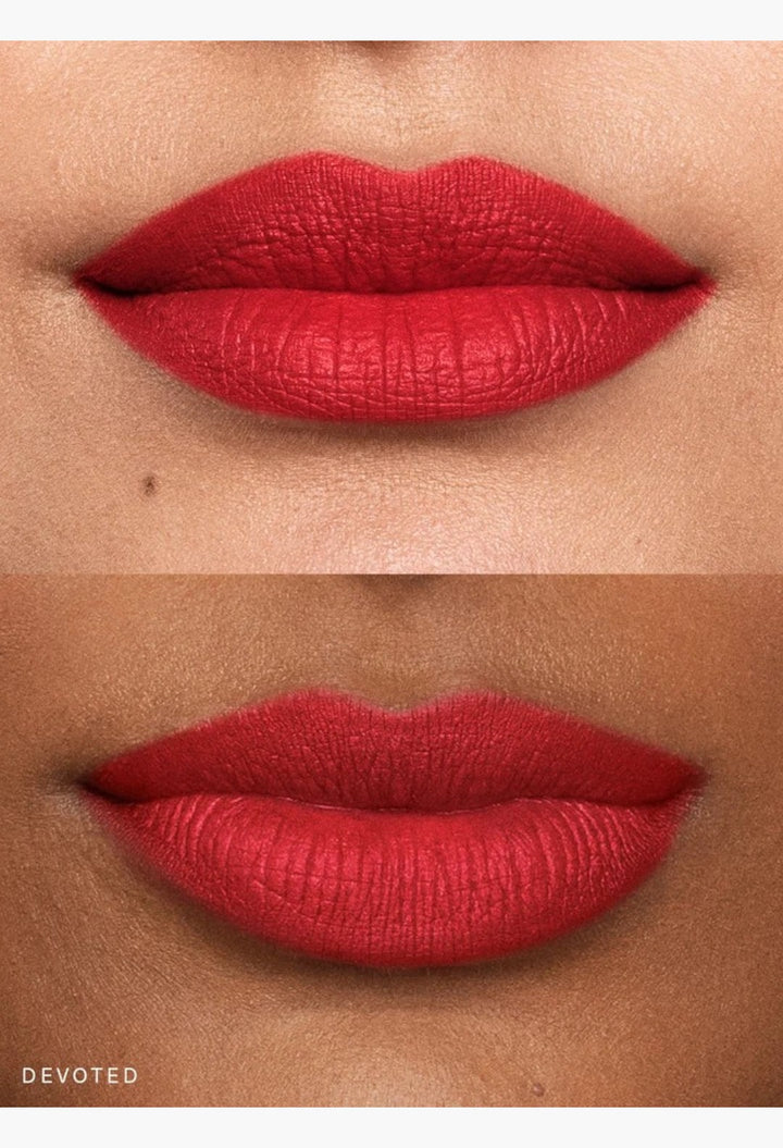 GLAM MODA Kind Words Matte Lip Liner in Devoted, a true red shade, applied on lips for a soft matte finish.
