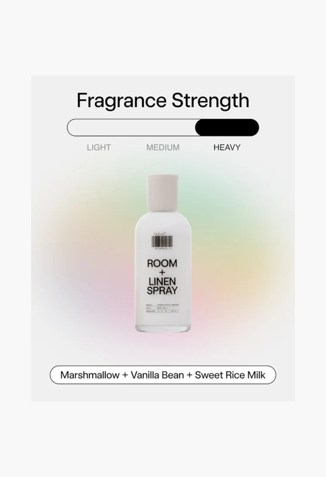 GLAM MODA Mochi Milk room and linen spray in a recyclable glass bottle with a minimalist label design.