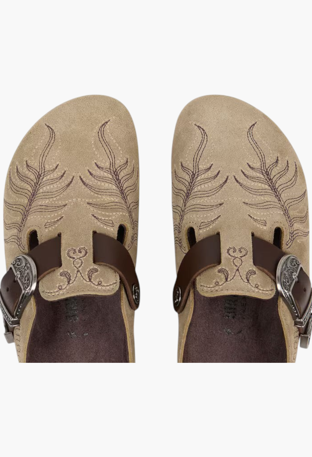GLAM MODA Birkenstock Boston suede clogs in beige with intricate brown floral embroidery and Western-style buckles