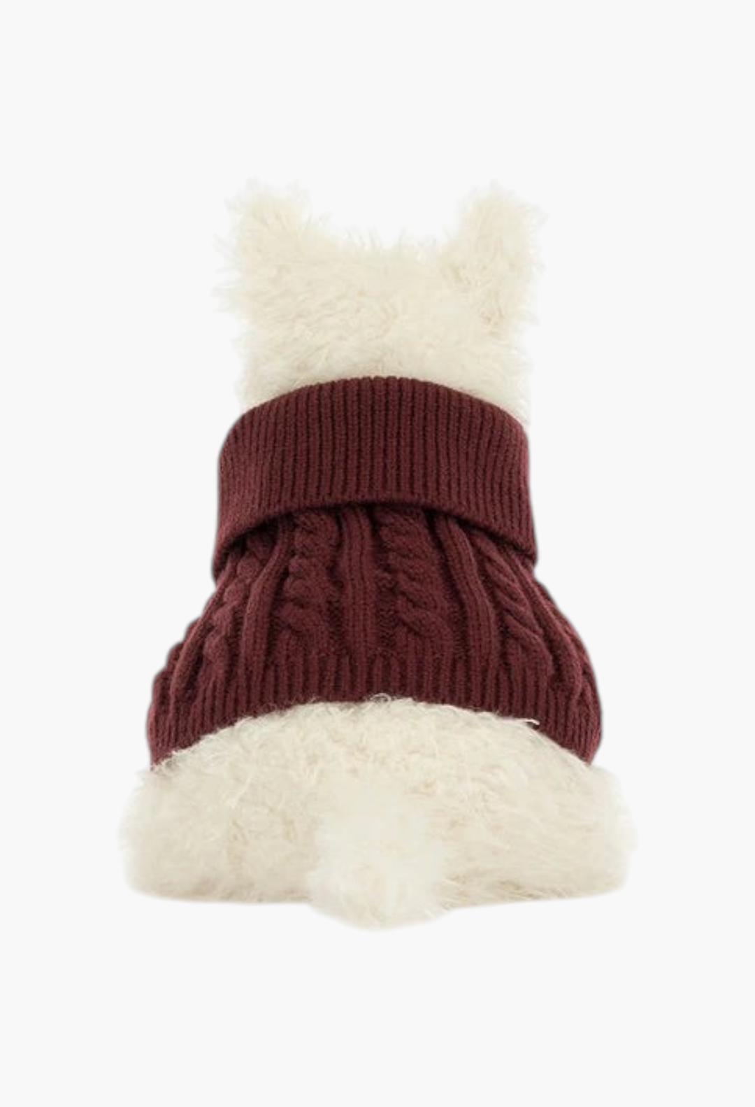 GLAM MODA Munro Scottie dog plush toy wearing a dark red cable-knit winter jumper, back view on white background.