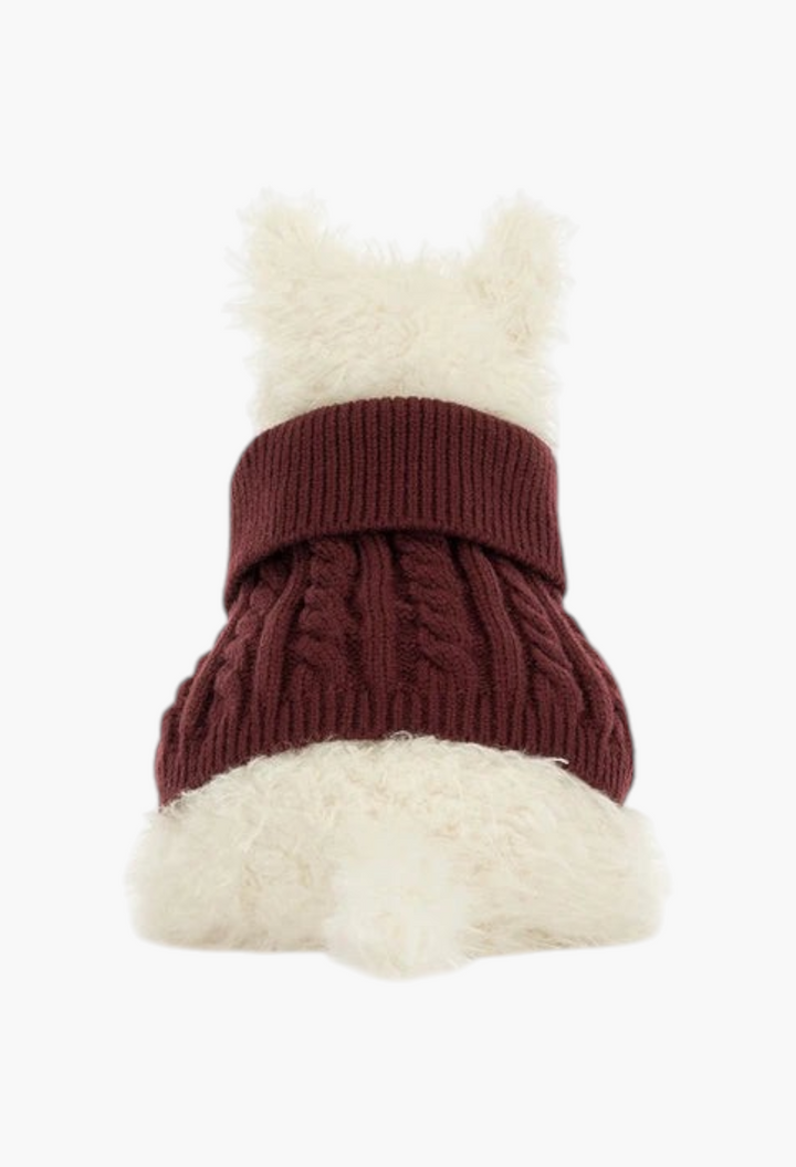 GLAM MODA Munro Scottie dog plush toy wearing a dark red cable-knit winter jumper, back view on white background.