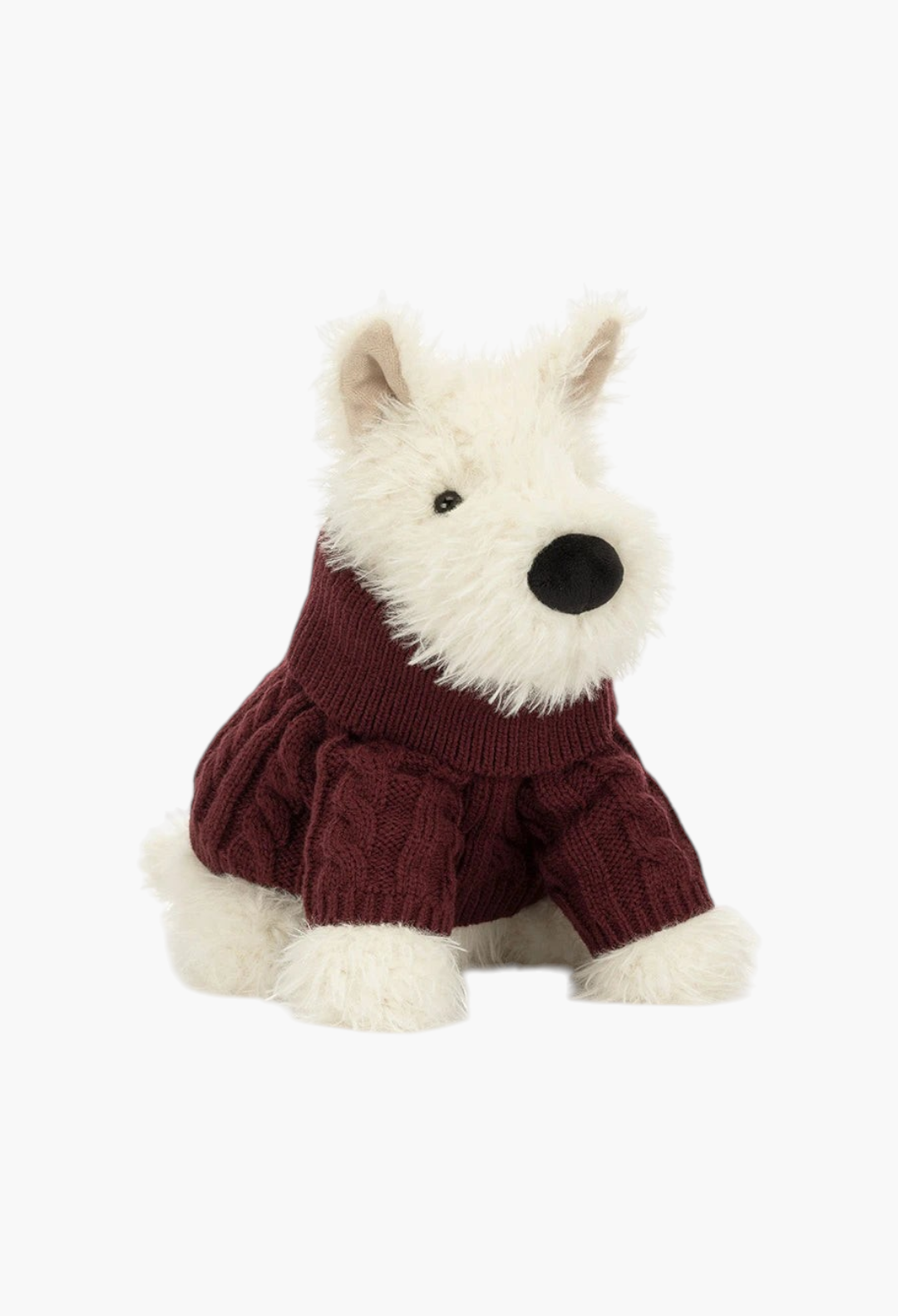GLAM MODA Munro Scottie dog plush toy wearing a cozy cable-knit burgundy sweater with a high neck