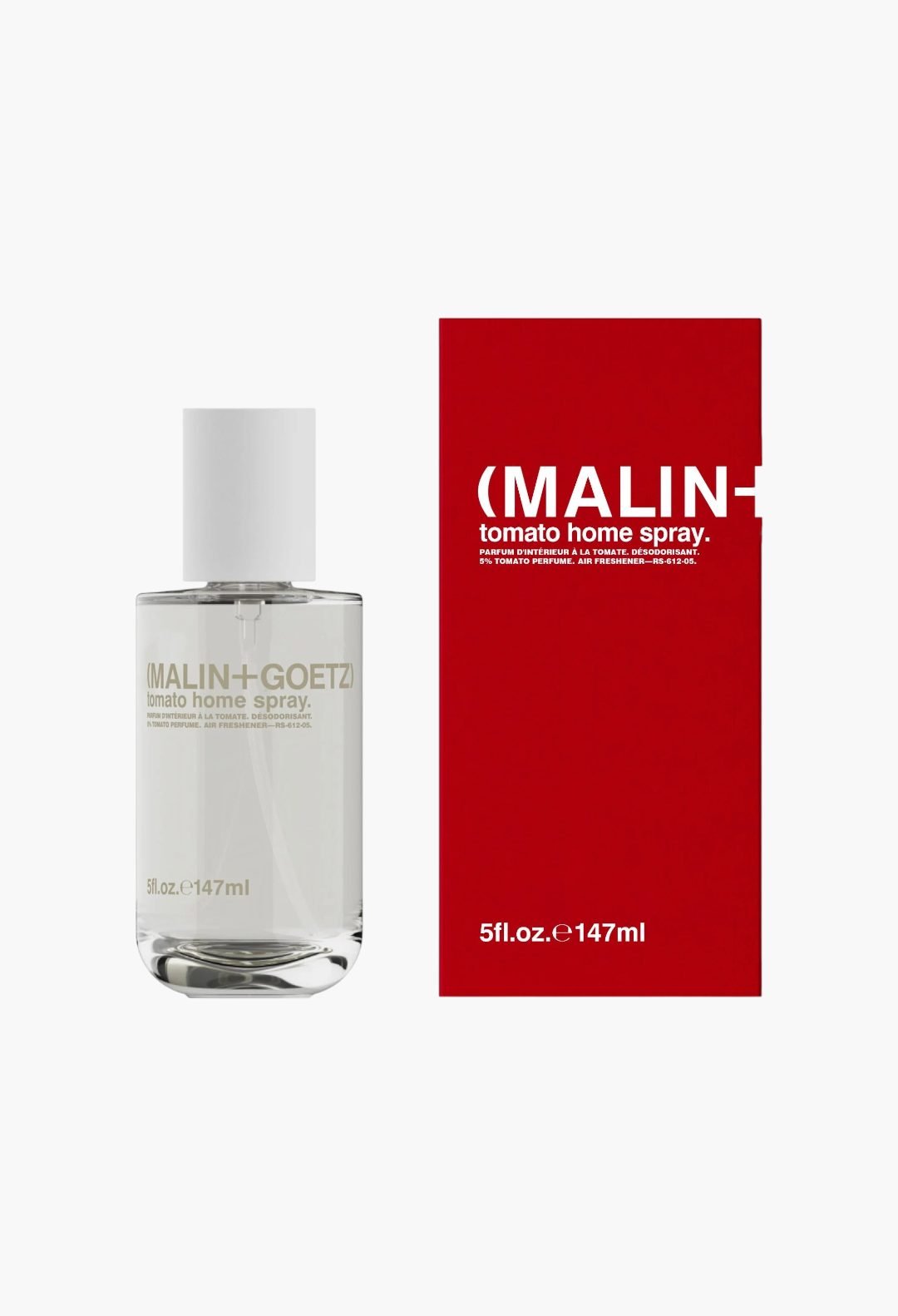 GLAM MODA Malin + Goetz tomato home spray bottle and red packaging box for odor neutralization