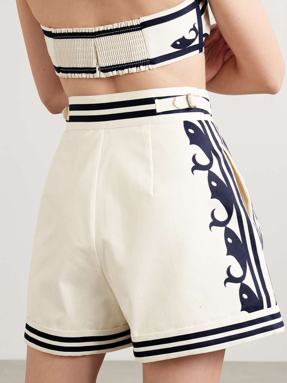 Marine Pleated Striped Embroidered Organic Cotton Shorts - GLAM MODA
