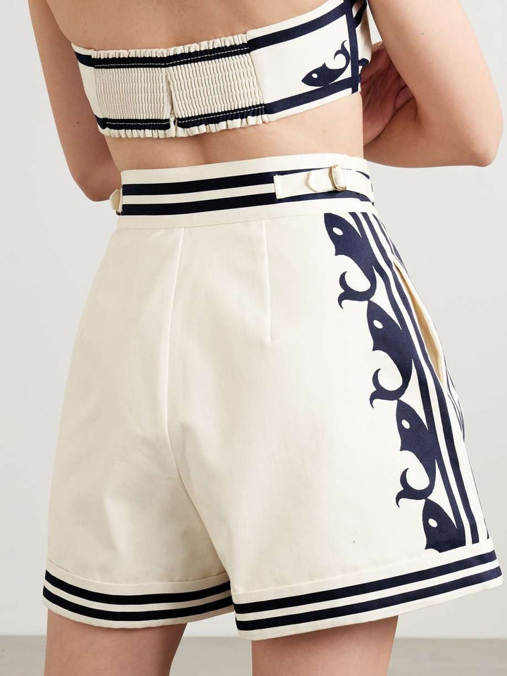 Marine Pleated Striped Embroidered Organic Cotton Shorts - GLAM MODA