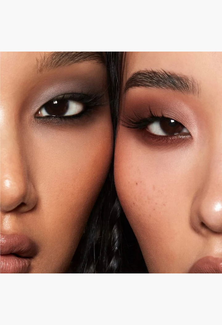 GLAM MODA Major Dimension III matte eyeshadow palette applied on two models with warm and cool nude tones