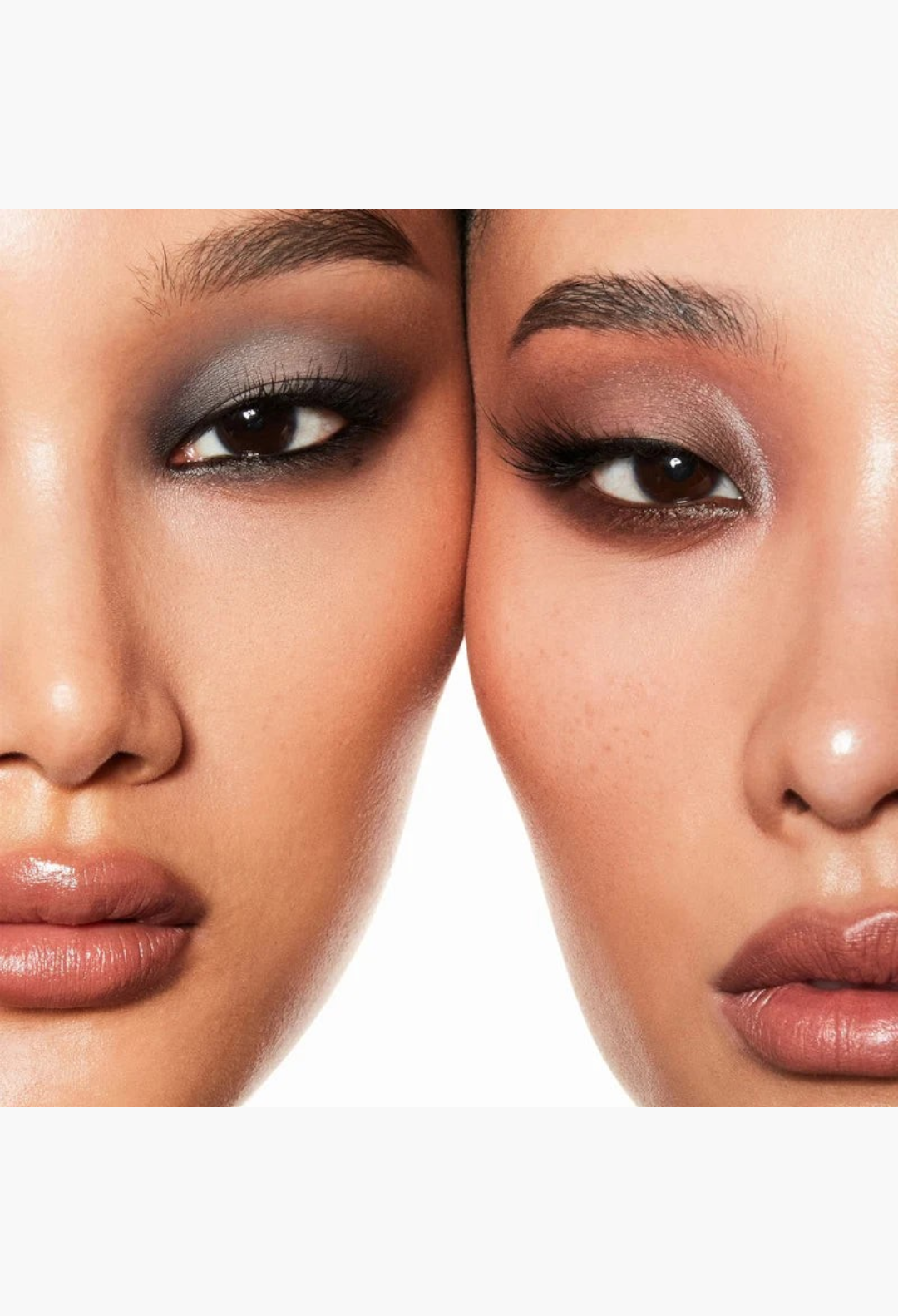 Two models showcasing GLAM MODA Major Dimension III matte eyeshadow palette with warm and cool nude smokey eye looks.