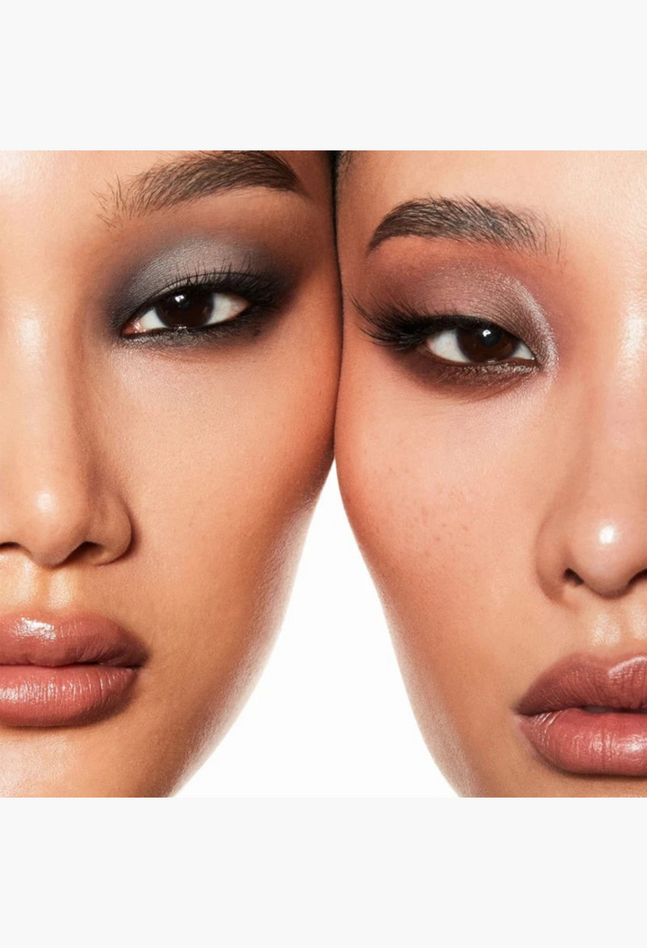 Two models showcasing GLAM MODA Major Dimension III matte eyeshadow palette with warm and cool nude smokey eye looks.
