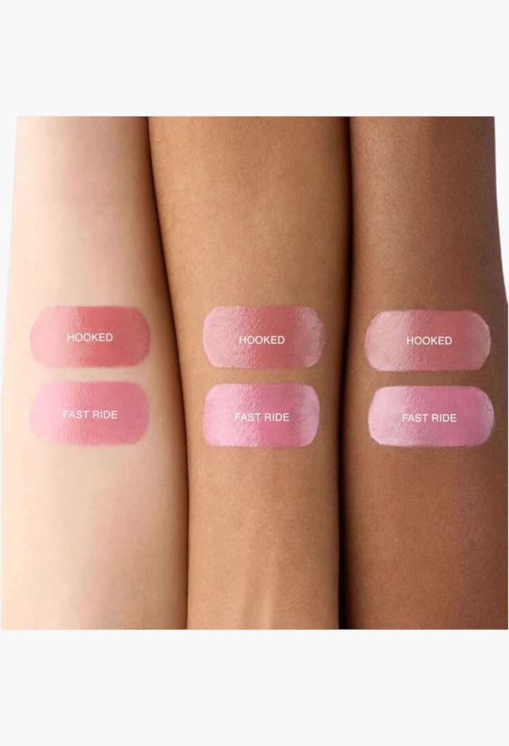 GLAM MODA Mini Insatiable Liquid Blush swatches in Hooked and Fast Ride shades on three different skin tones