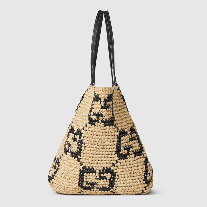 Natural And Black GG Raffia-Effect Fabric - Woven Medium Tote Bag - GLAM MODA