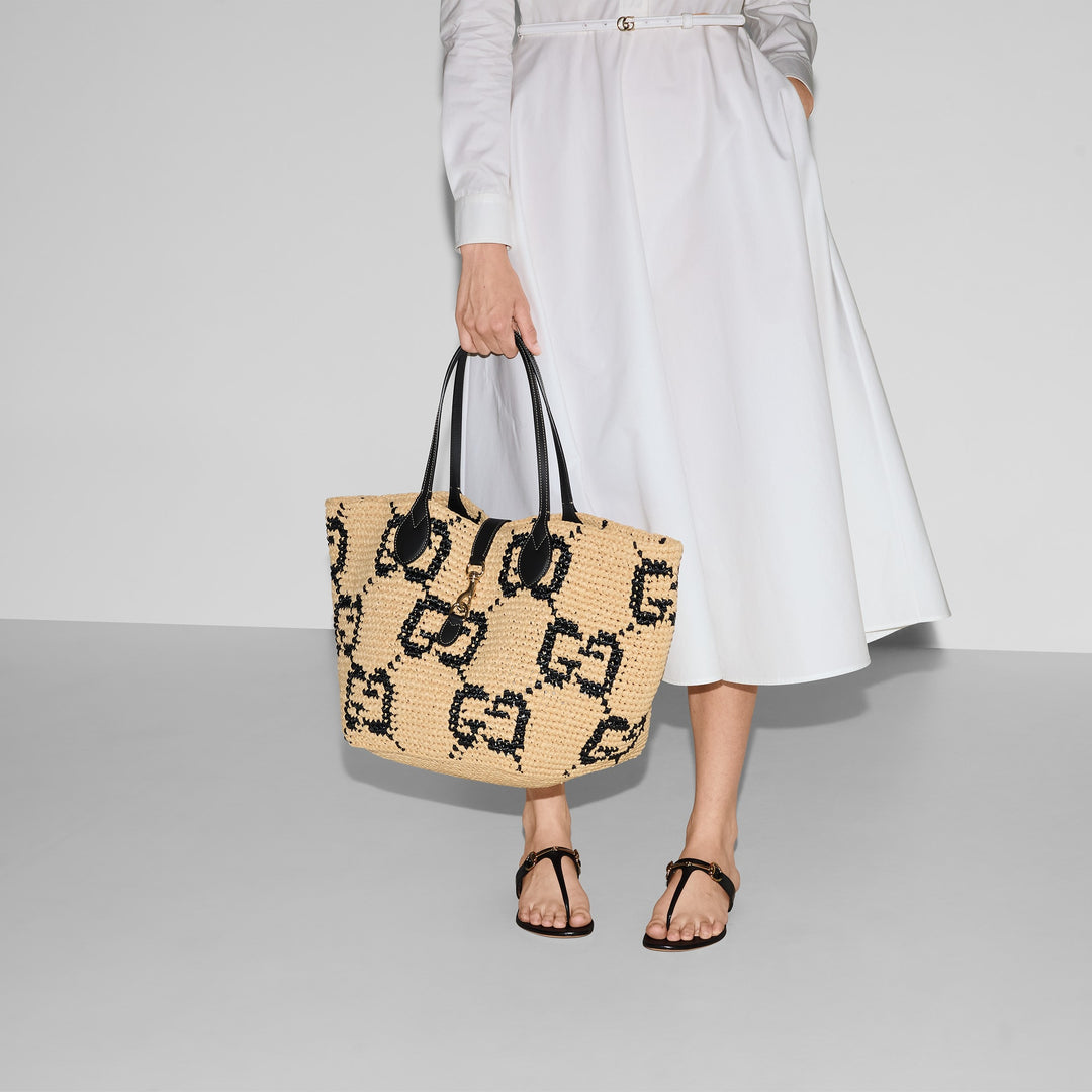 Natural And Black GG Raffia-Effect Fabric - Woven Medium Tote Bag - GLAM MODA