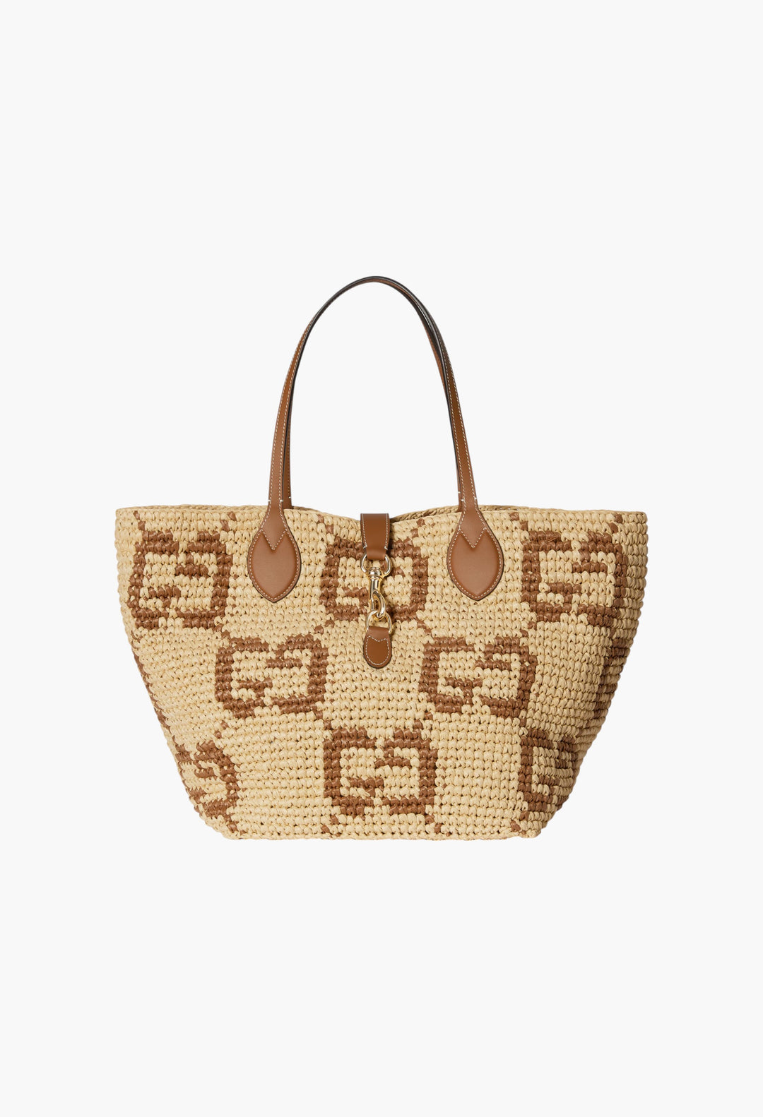 Natural And Brown GG Raffia-Effect Fabric - Woven Medium Tote Bag - GLAM MODA