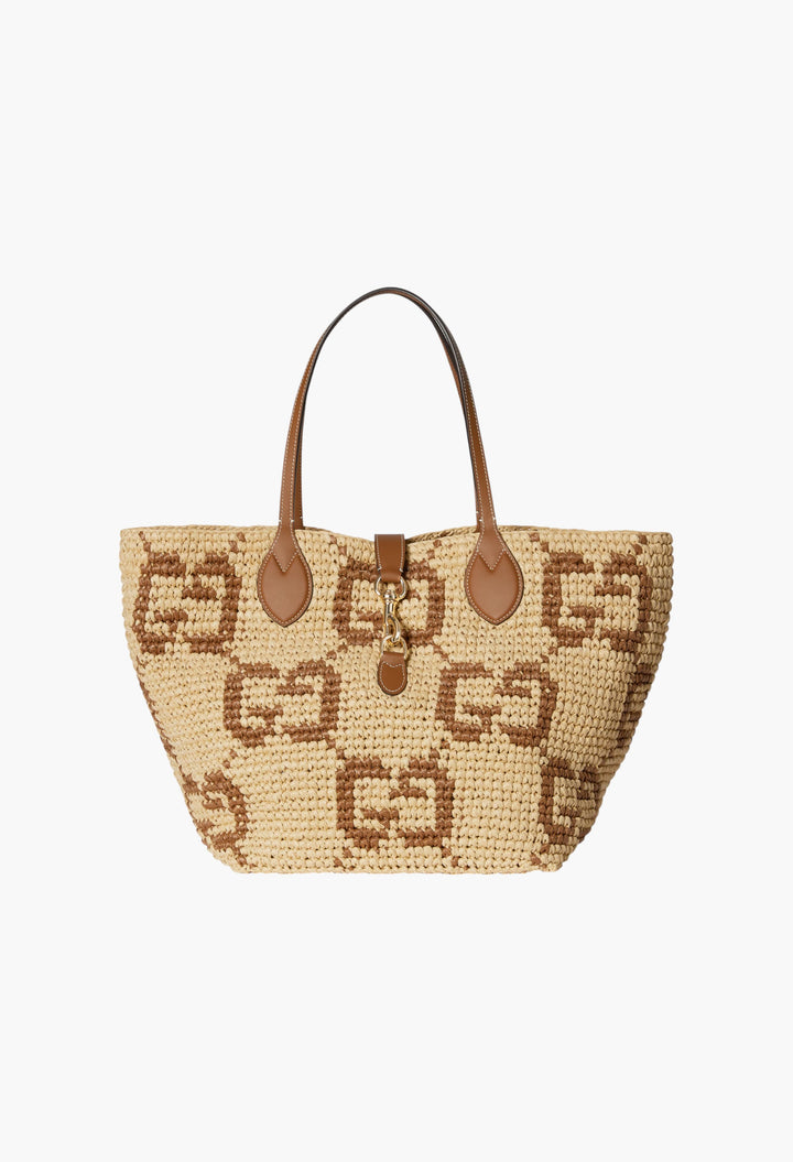 Natural And Brown GG Raffia-Effect Fabric - Woven Medium Tote Bag - GLAM MODA