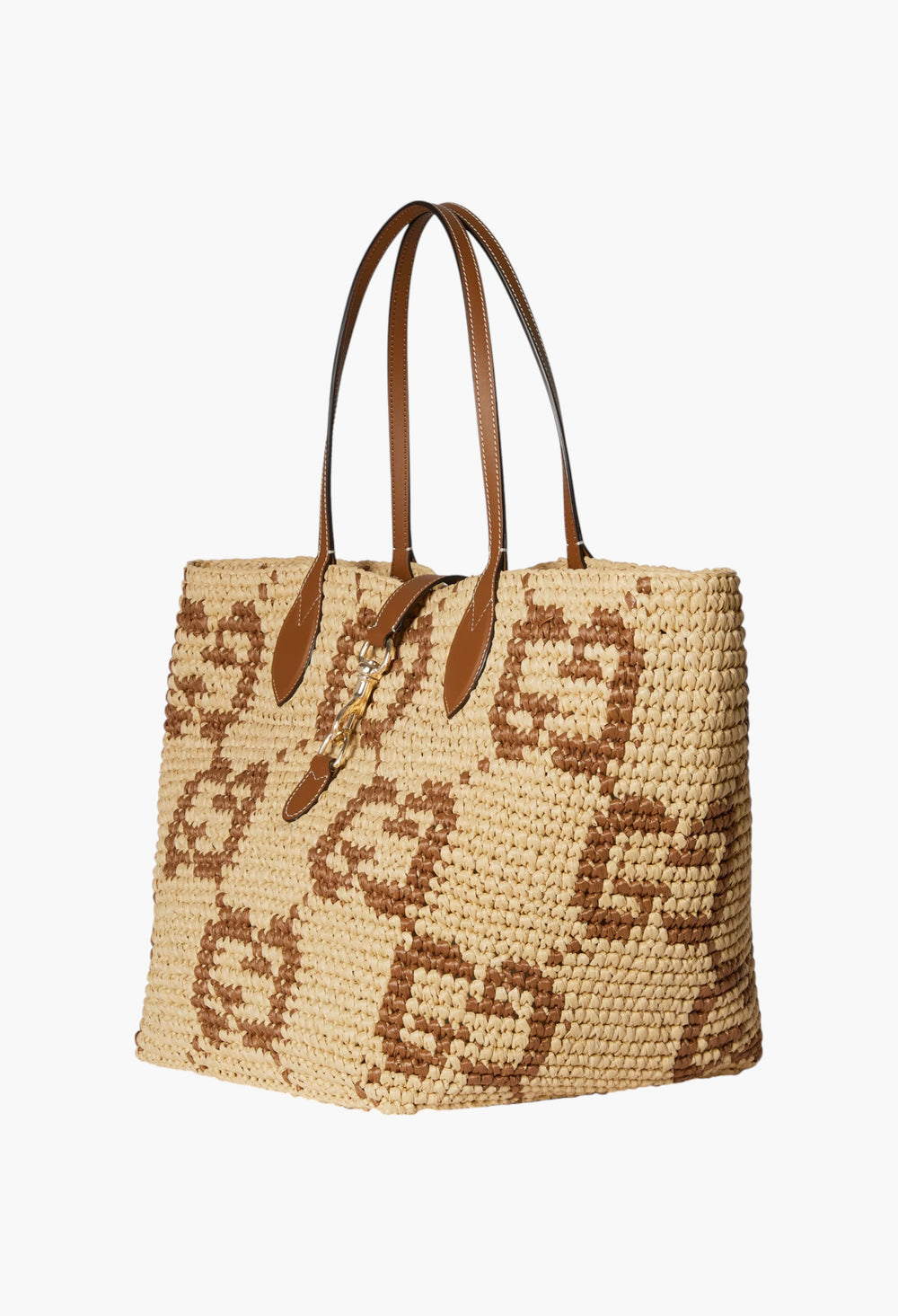 Natural And Brown GG Raffia-Effect Fabric - Woven Medium Tote Bag - GLAM MODA