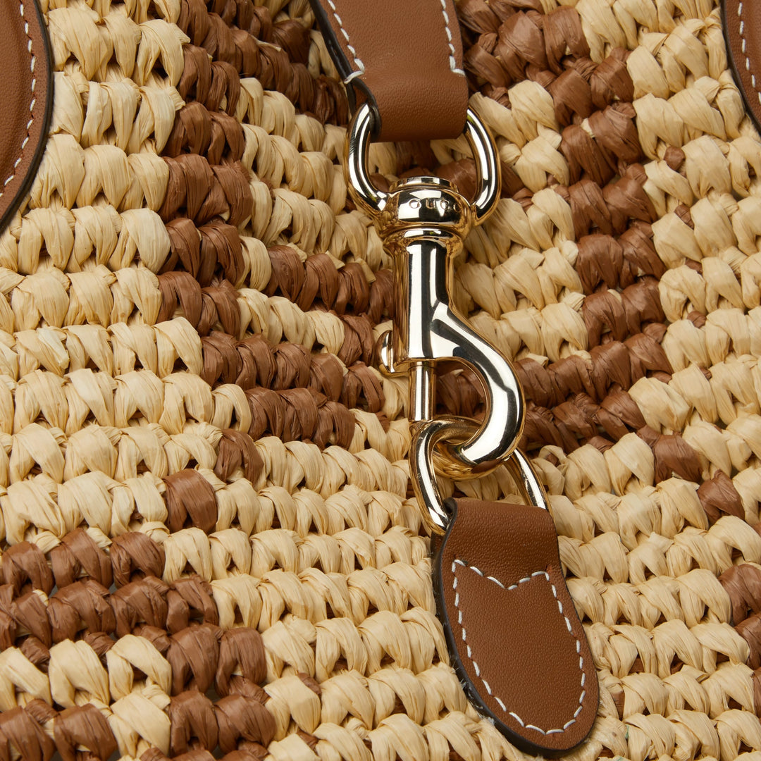 Natural And Brown GG Raffia-Effect Fabric - Woven Medium Tote Bag - GLAM MODA