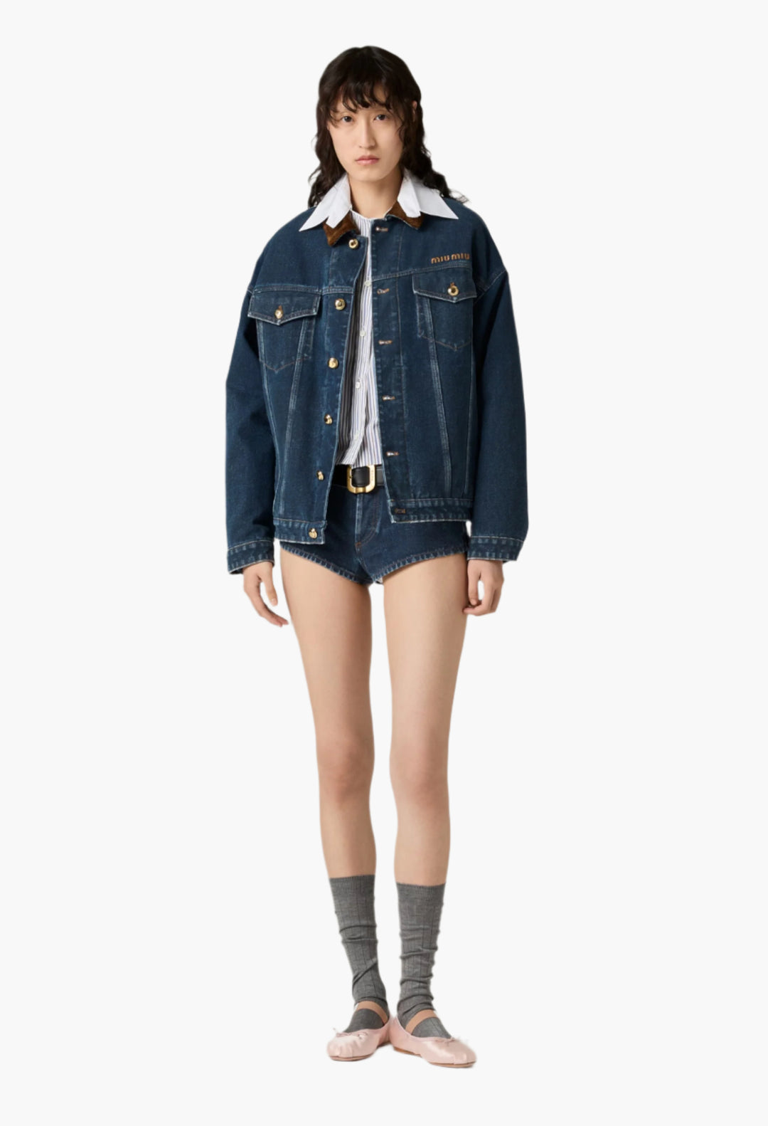 Navy - Flocked denim and velvet blouson jacket - GLAM MODA