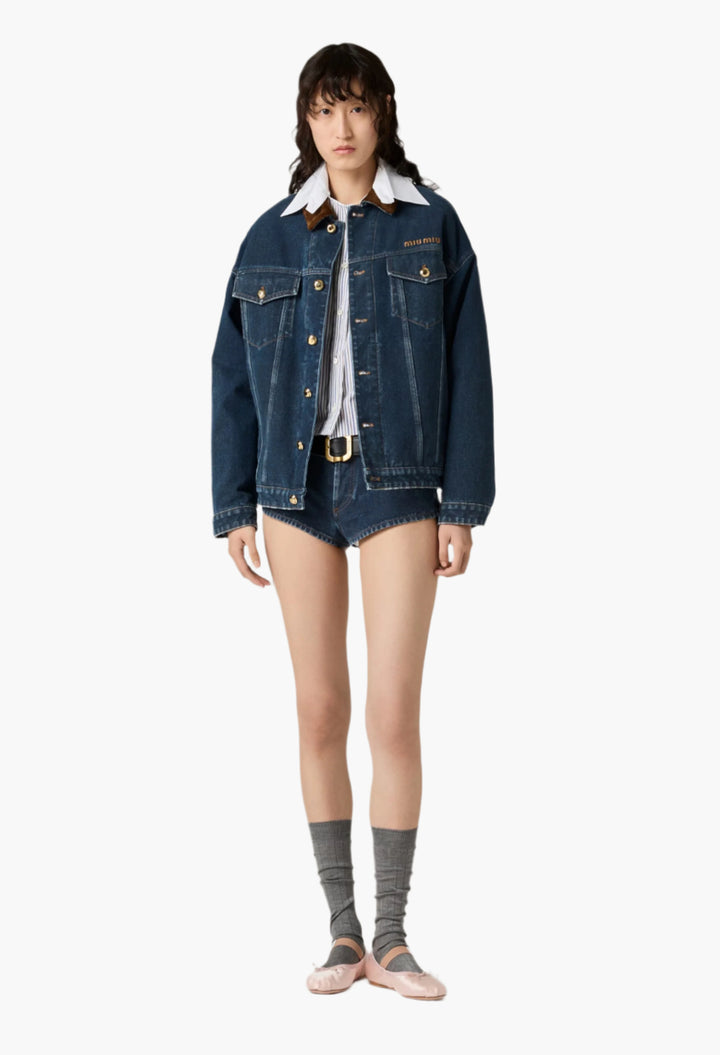 Navy - Flocked denim and velvet blouson jacket - GLAM MODA