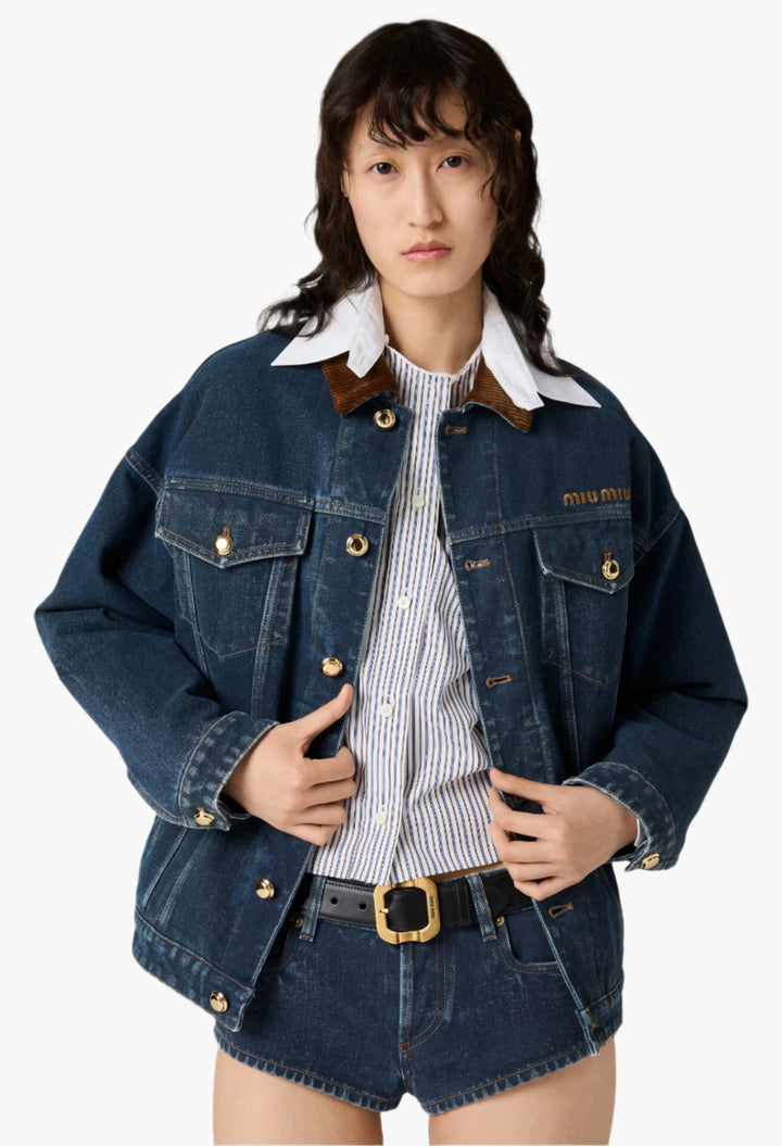 Navy - Flocked denim and velvet blouson jacket - GLAM MODA