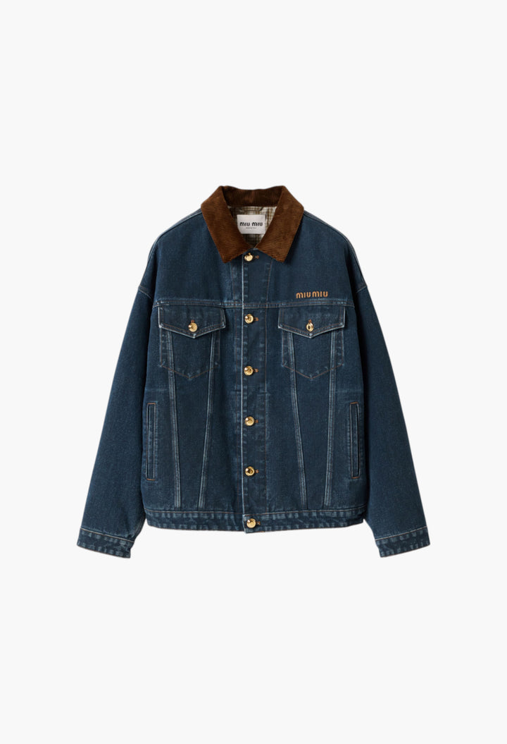 Navy - Flocked denim and velvet blouson jacket - GLAM MODA