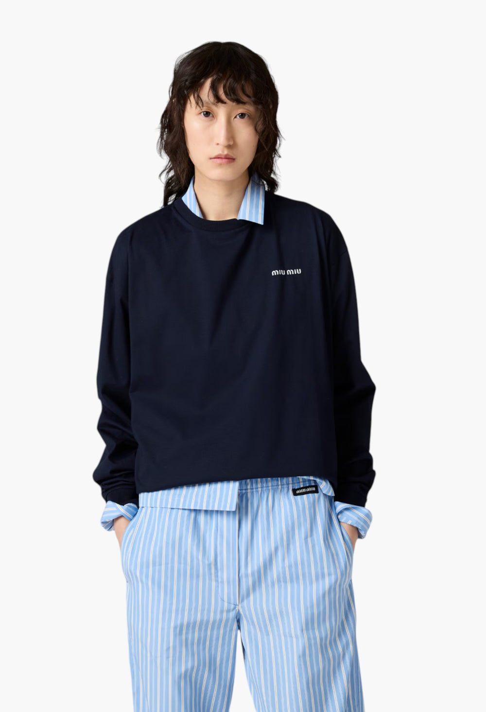 Navy - Long-Sleeved Jersey T-Shirt - GLAM MODA