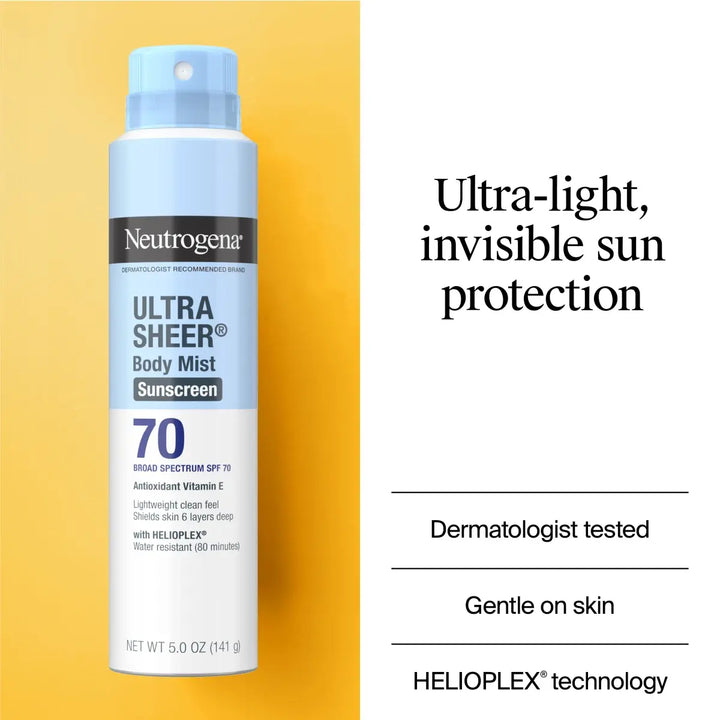 Neutrogena Ultra Sheer Body Mist Sunscreen Spray Broad Spectrum SPF 70, Lightweight, Non-Greasy & Water Resistant, Oil-Free & Non-Comedogenic UVA/UVB Sunscreen Mist, 5 oz - GLAM MODA