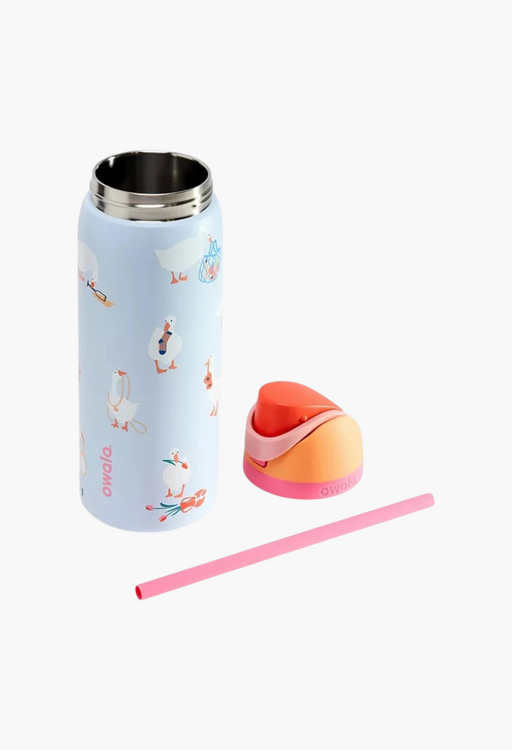GLAM MODA Owala Silly Goose stainless steel water bottle in light blue with orange lid, straw, and goose print.