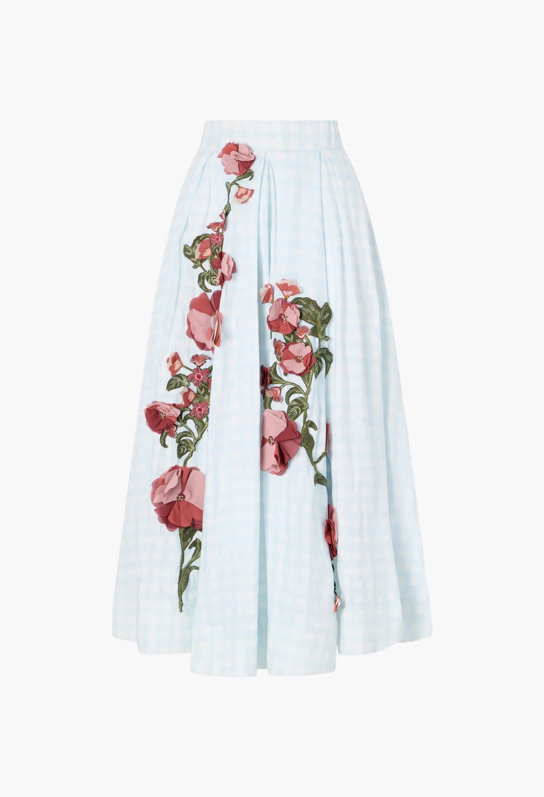 Delta floral-appliqué checked linen maxi skirt