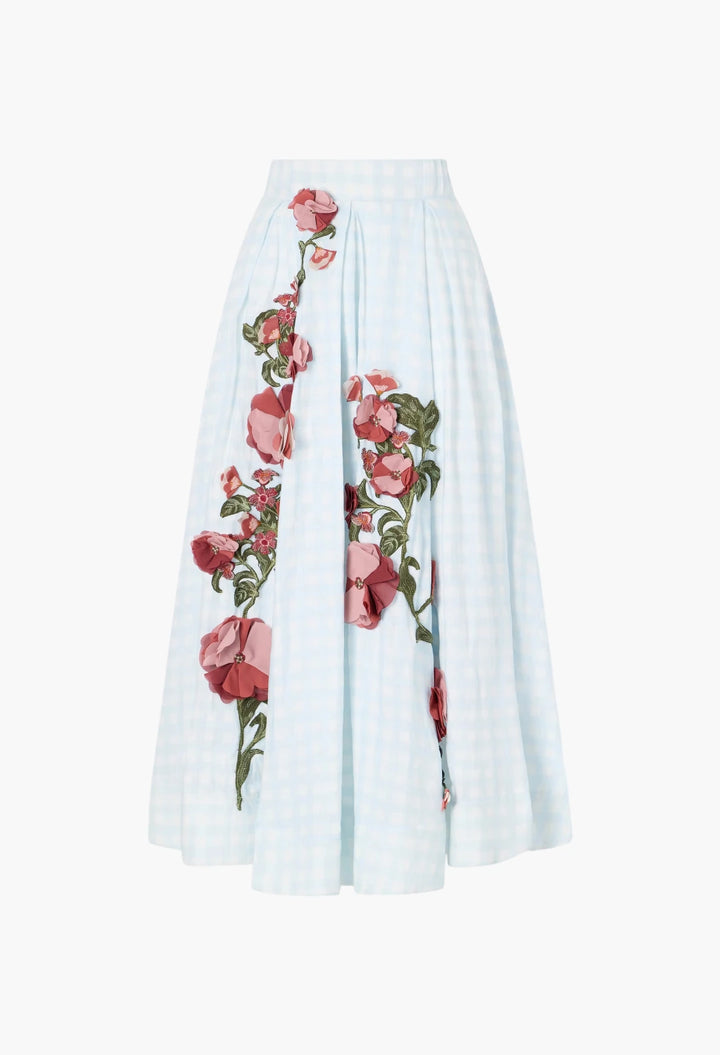 Delta floral-appliqué checked linen maxi skirt
