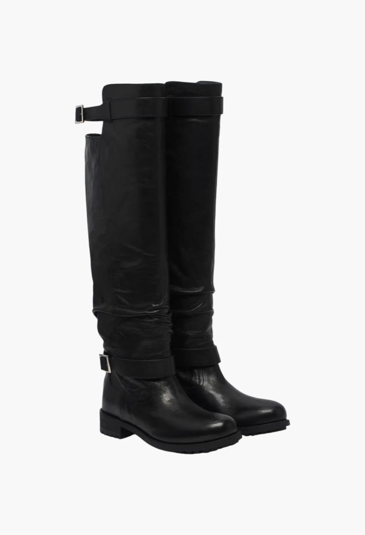 Biker leather knee-high boots