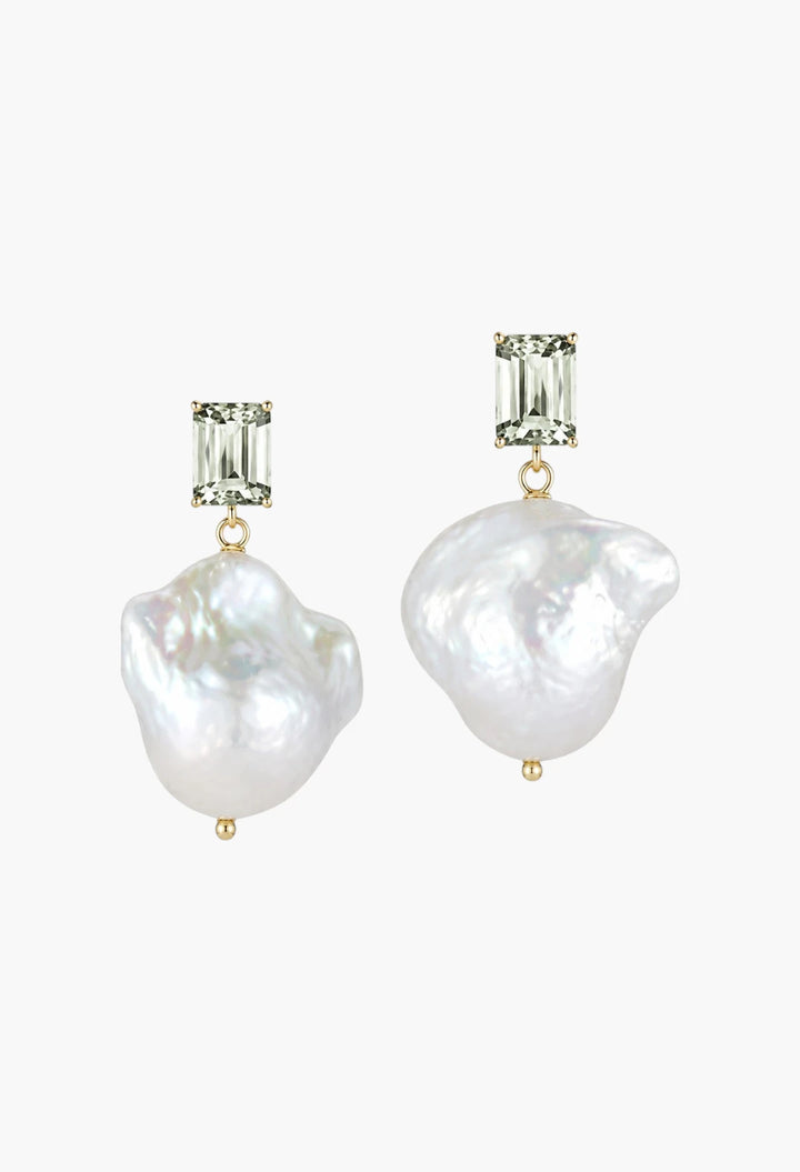 14kt Green Amethyst and Baroque Pearl Drop Earrings
