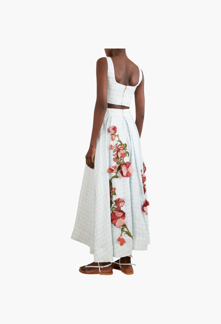 Delta floral-appliqué checked linen maxi skirt