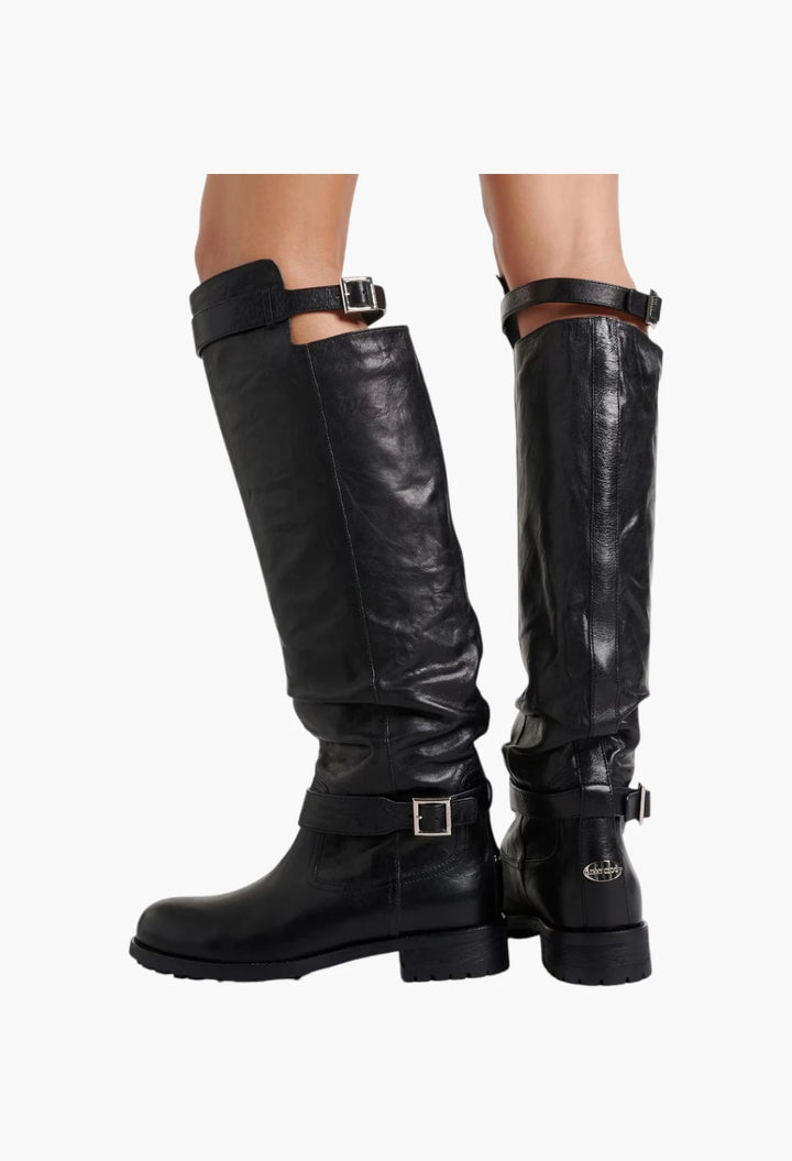 Biker leather knee-high boots