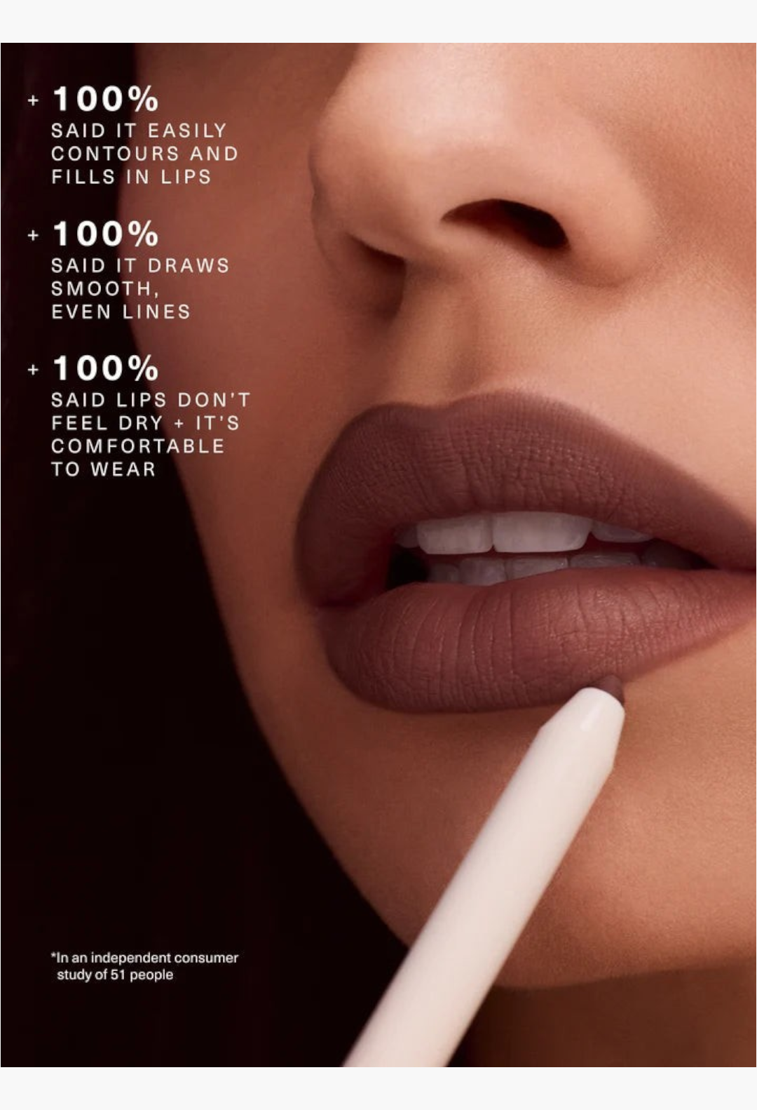 GLAM MODA Kind Words Matte Lip Liner in a neutral brown shade applied on lips with text overlay of consumer results
