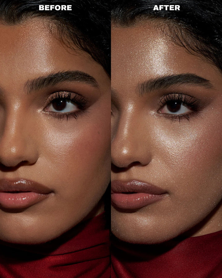 GLAM MODA Diamond Icing waterproof glitter setting spray showing a before and after comparison on a model's face.