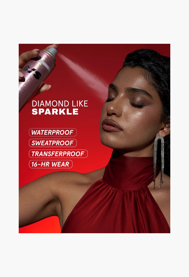 GLAM MODA Diamond Icing waterproof glitter setting spray being applied to a model wearing a red halter top