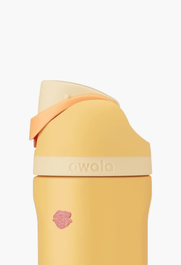 GLAM MODA Disney Princess Collection yellow insulated stainless steel FreeSip water bottle with a rose icon
