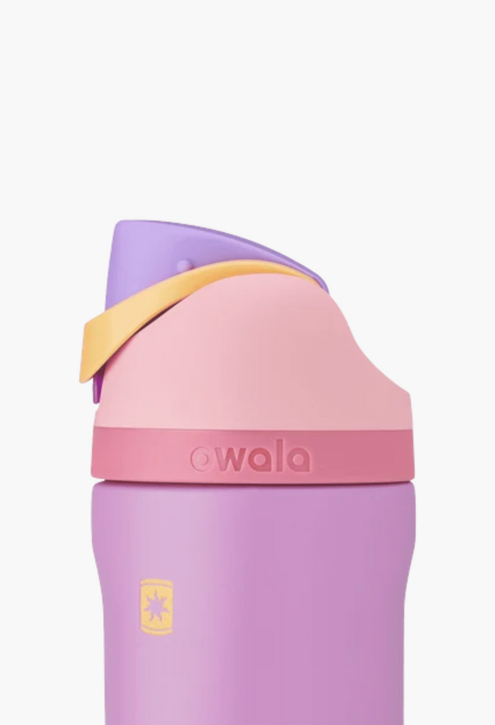 GLAM MODA Disney Princess Collection stainless steel insulated water bottle with purple, pink, and yellow lid details.