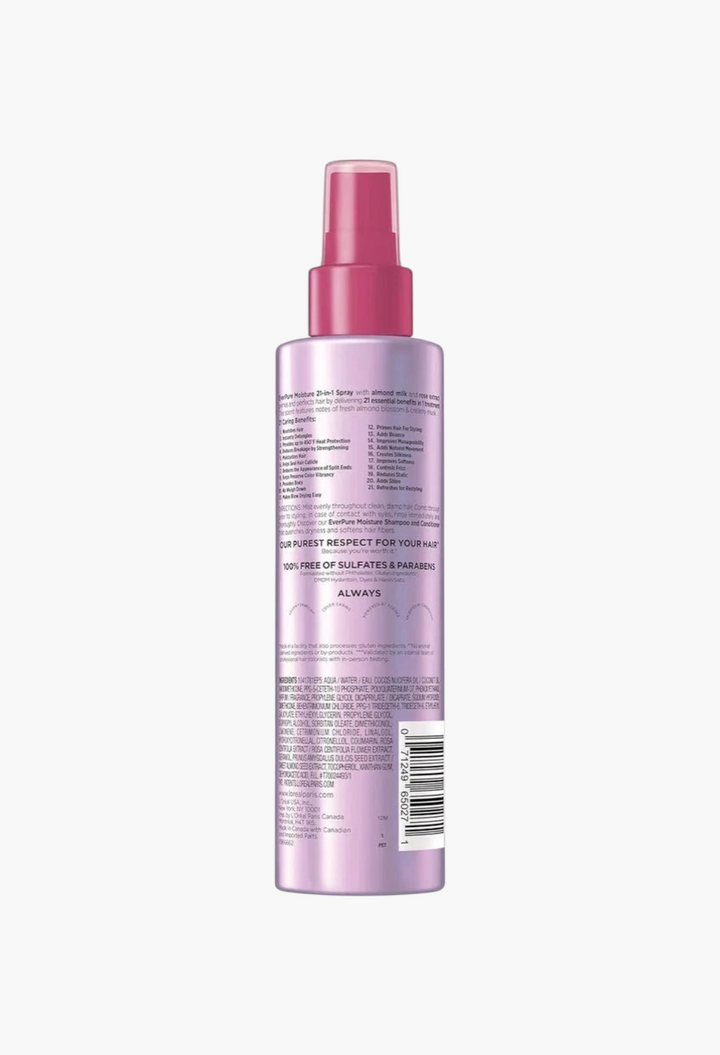GLAM MODA L'Oreal Paris 21-in-1 leave-in conditioner spray bottle with purple packaging and pink pump dispenser
