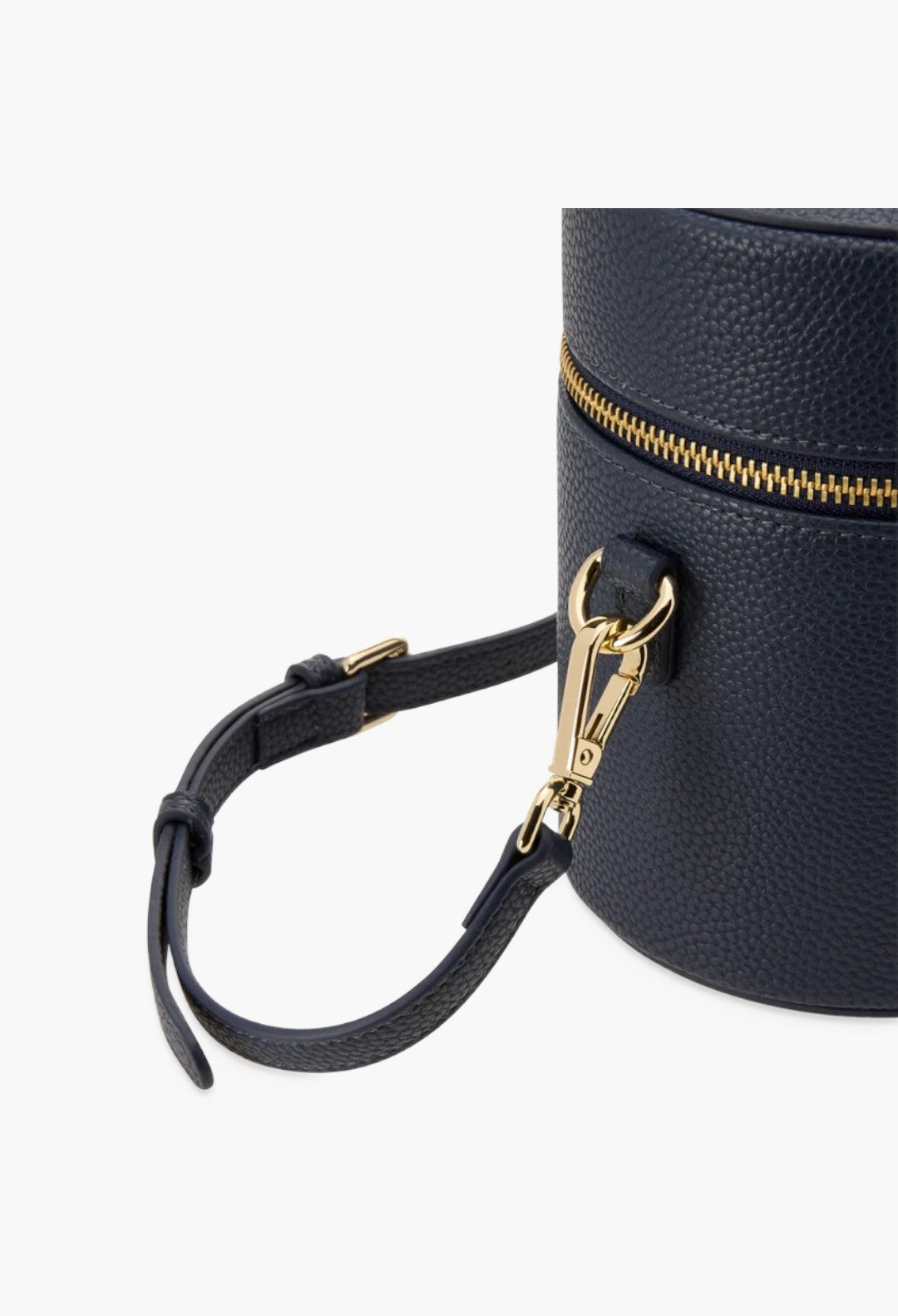 GLAM MODA navy blue vegan leather oval toiletry case with gold hardware and a detachable shoulder strap.
