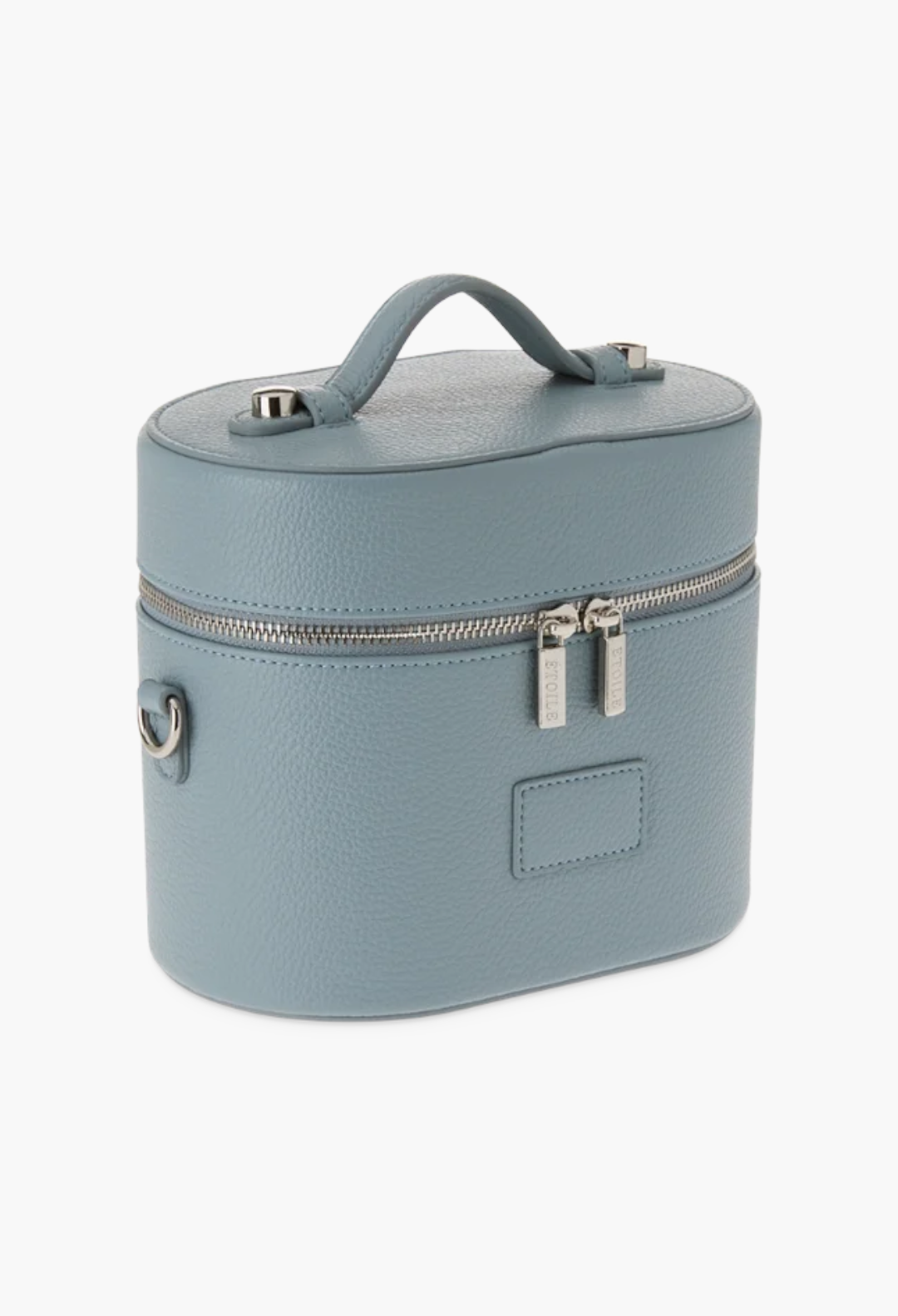 GLAM MODA oval toiletry case in blue vegan leather with a top handle, dual zipper closure, and shoulder strap rings.