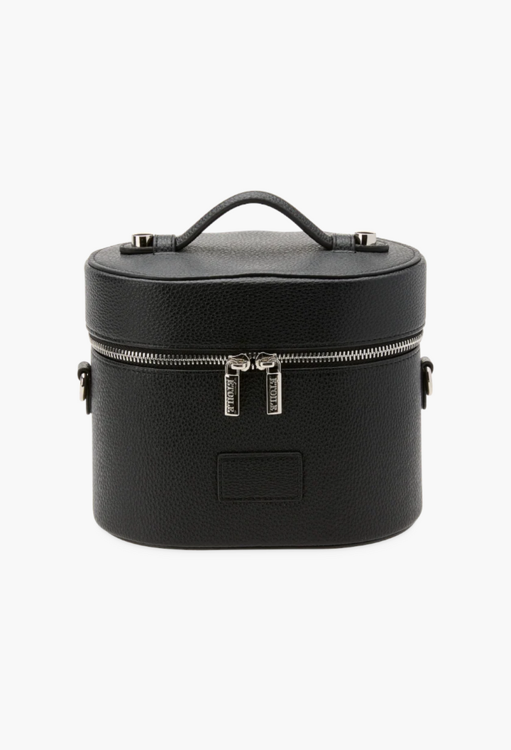 GLAM MODA black oval vegan leather toiletry case with a top handle, dual silver zippers, and a structured design.
