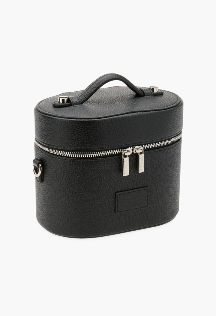 GLAM MODA black vegan leather oval toiletry case with a top handle, dual zippers, and a structured design.