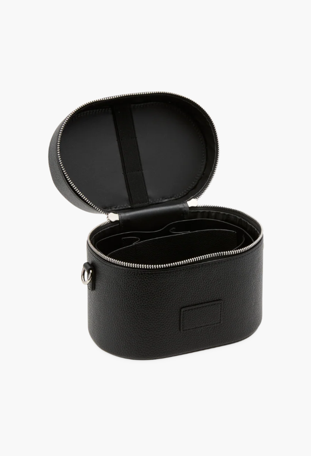 GLAM MODA black vegan leather oval toiletry case with open lid, removable divider, and brush storage elastic.