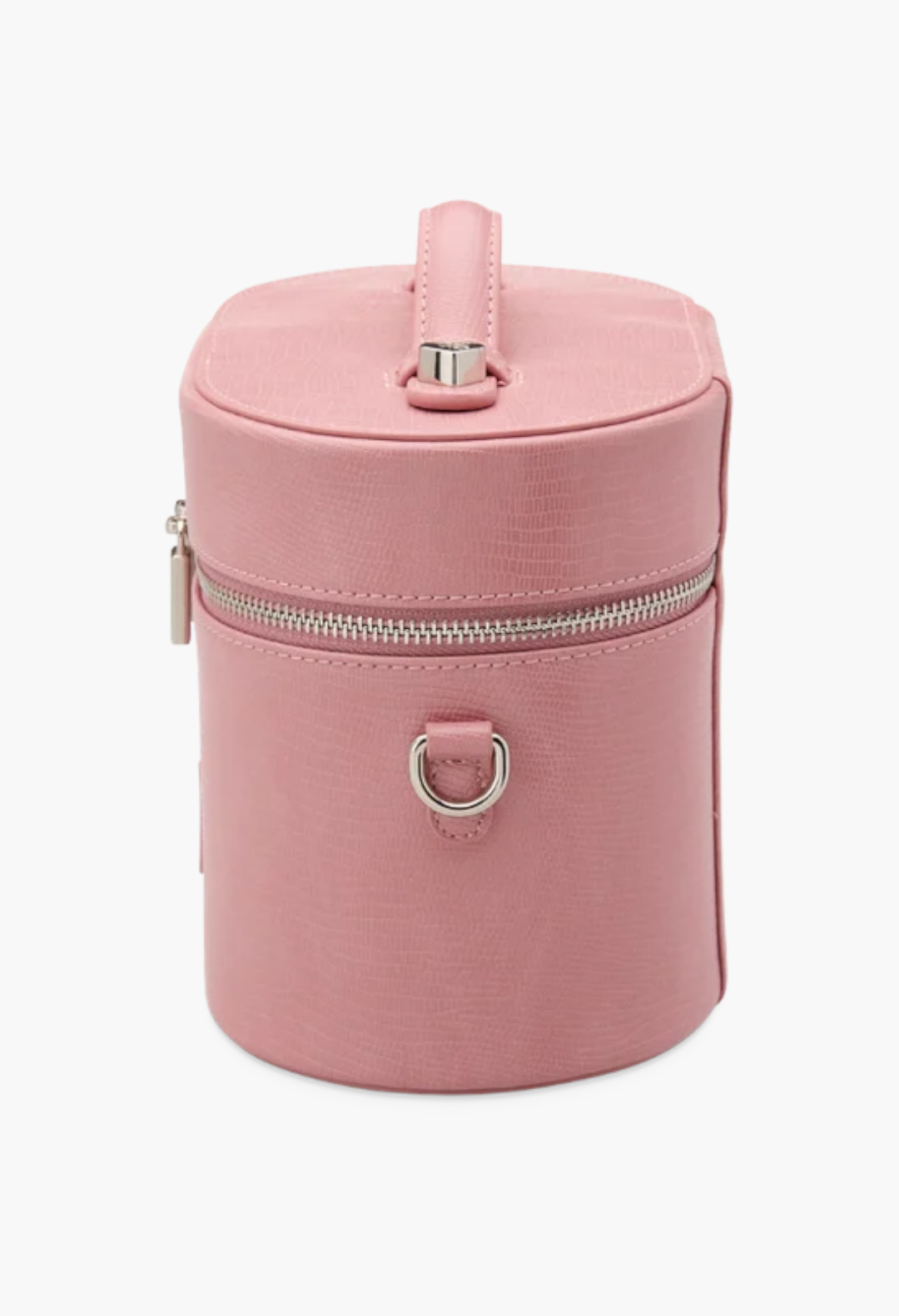 GLAM MODA oval pink vegan leather toiletry case with textured finish, top handle, and silver hardware.