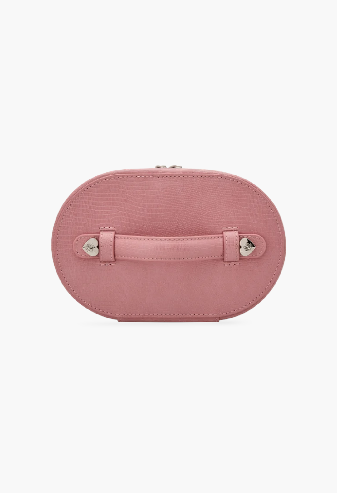 GLAM MODA oval toiletry case in dusty pink vegan leather with a textured finish and silver heart-shaped hardware.