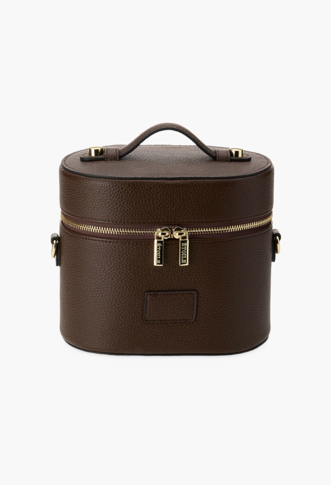 GLAM MODA brown vegan leather oval toiletry case with gold double zippers and a top handle on a white background.