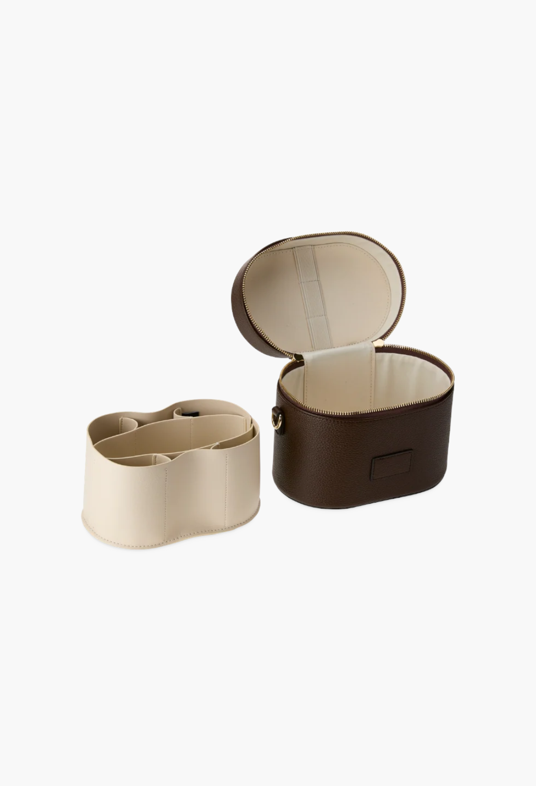 GLAM MODA oval vegan leather toiletry case in dark brown with a removable cream-colored internal divider insert.