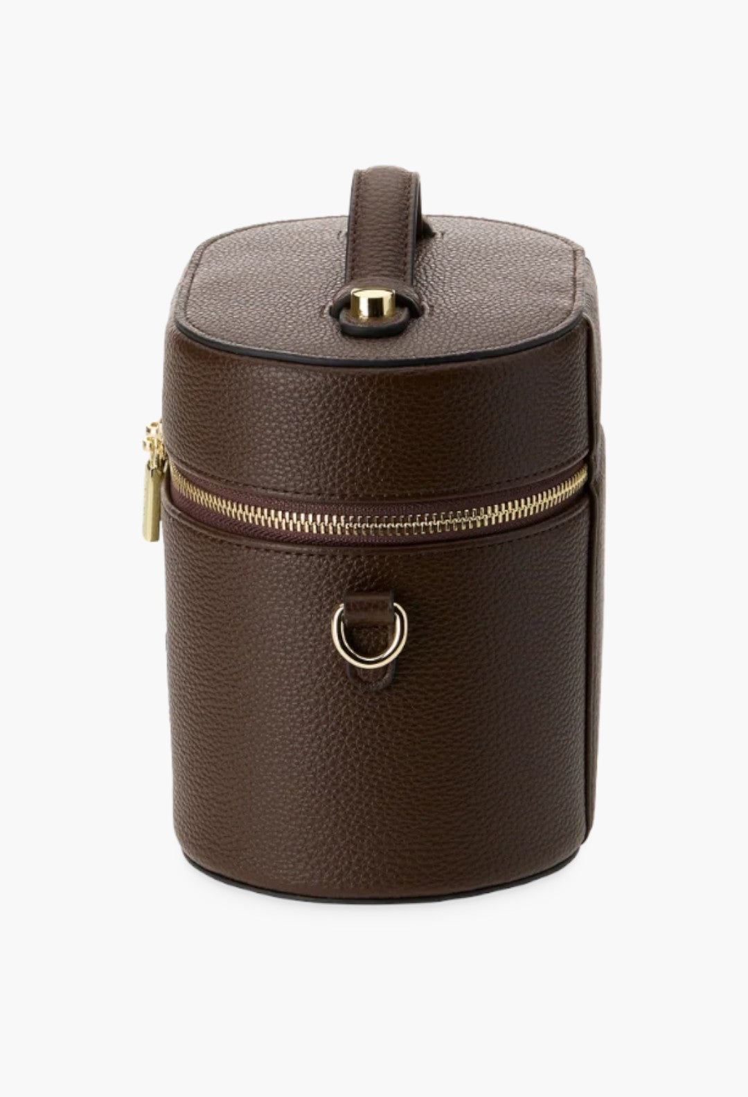 GLAM MODA oval toiletry case in dark brown vegan leather with gold hardware, top handle, and shoulder strap attachment