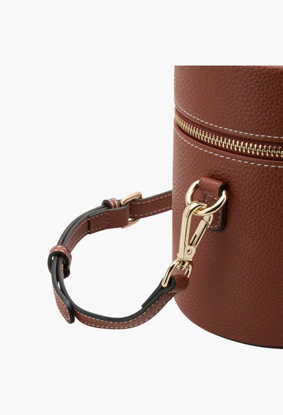 GLAM MODA brown vegan leather oval toiletry case with gold hardware and detachable shoulder strap