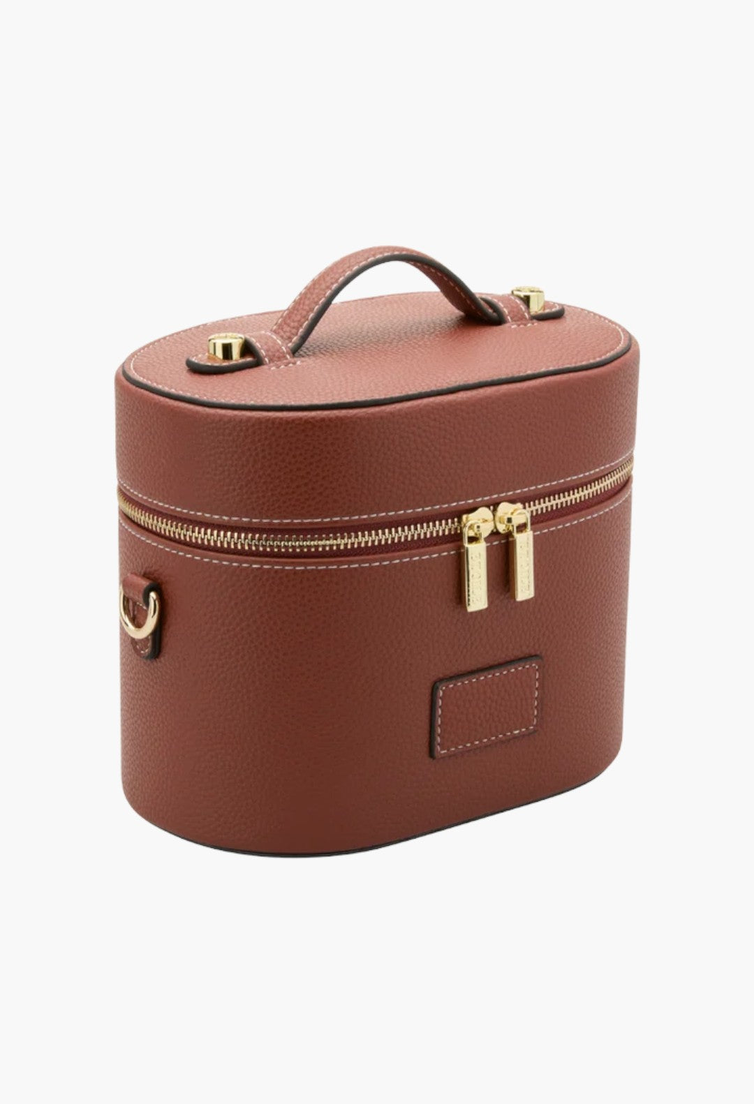 GLAM MODA oval toiletry case in terracotta vegan leather with gold dual zippers, top handle, and shoulder strap rings.